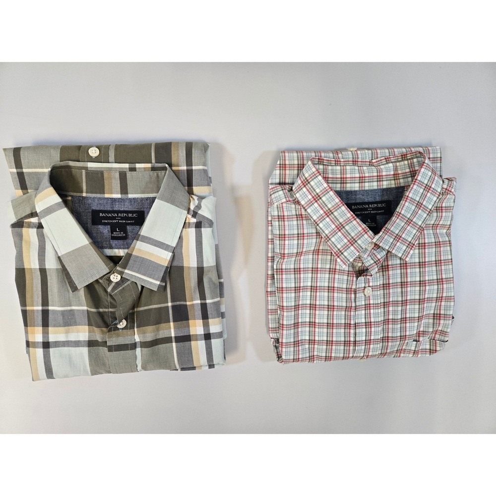 Banana Republic Mens Slim Fit S/S Stretch Plaid Button Down Shirt Bundle Lot 2 L